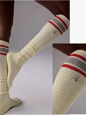 Free People Cream Knee-High Athletic Socks with Red & Gray Stripes